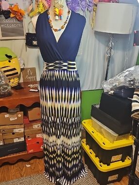 London Style Navy Maxi Dress with Yellow Patterned Skirt